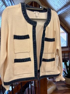 Terra & Sky Cream Knit Cardigan with Dark Denim Trim